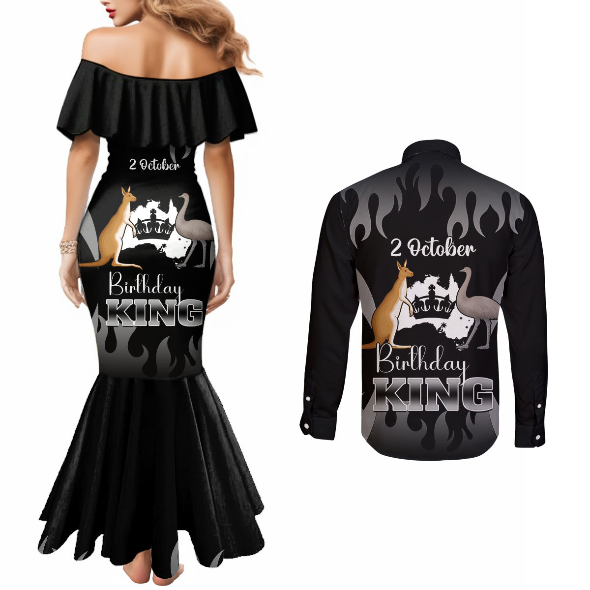 australia-king-birthday-couples-matching-mermaid-dress-and-long-sleeve-button-shirts-australian-map-with-crown-black-version