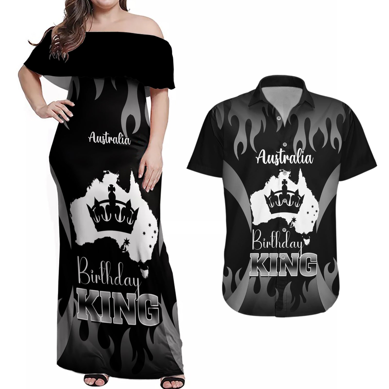 australia-king-birthday-couples-matching-off-shoulder-maxi-dress-and-hawaiian-shirt-australian-map-with-crown-black-version