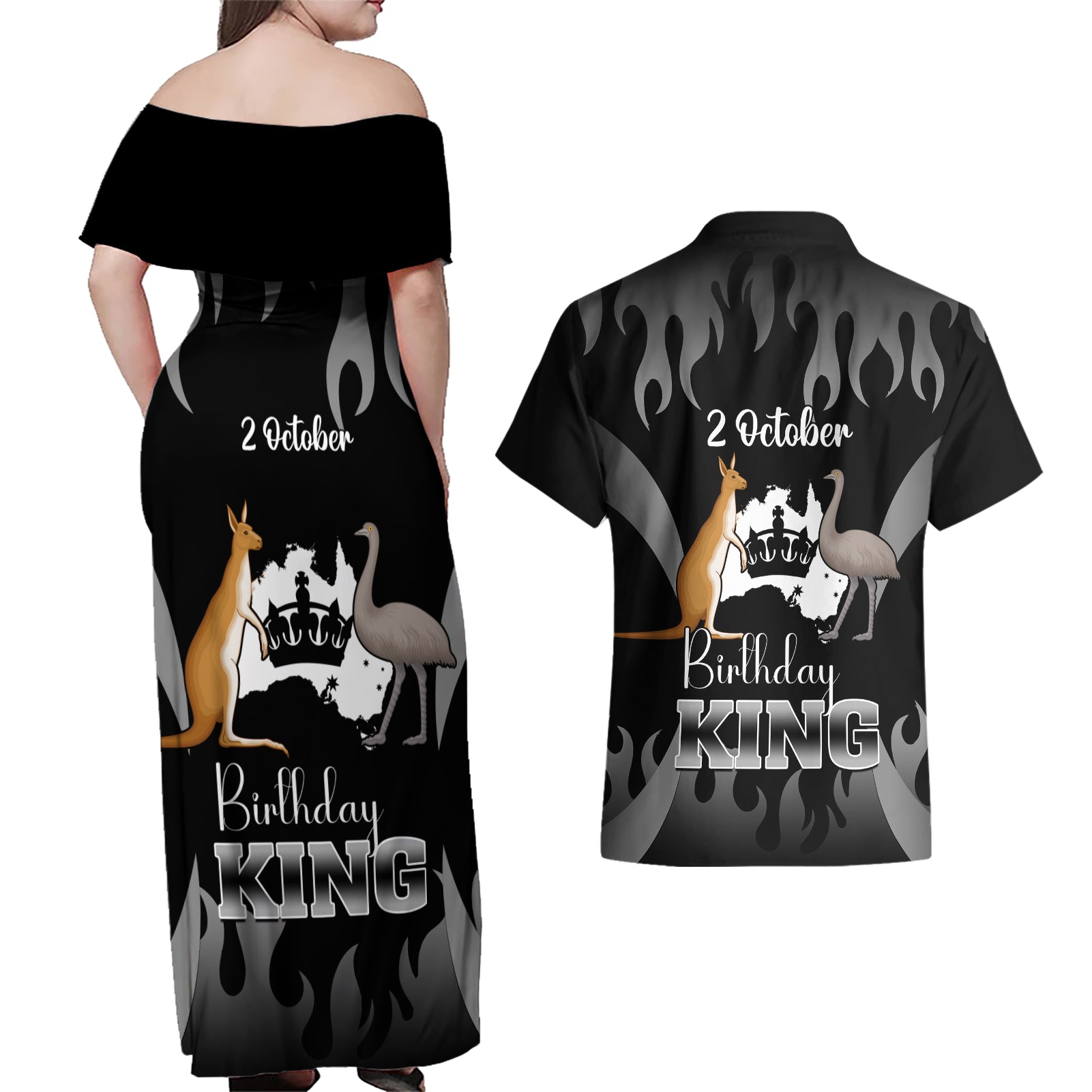 australia-king-birthday-couples-matching-off-shoulder-maxi-dress-and-hawaiian-shirt-australian-map-with-crown-black-version