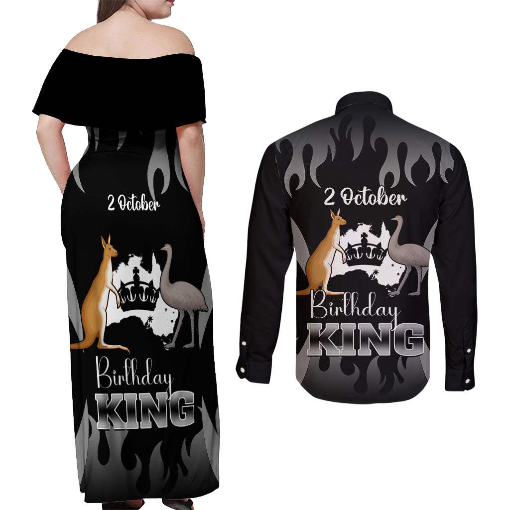 australia-king-birthday-couples-matching-off-shoulder-maxi-dress-and-long-sleeve-button-shirts-australian-map-with-crown-black-version