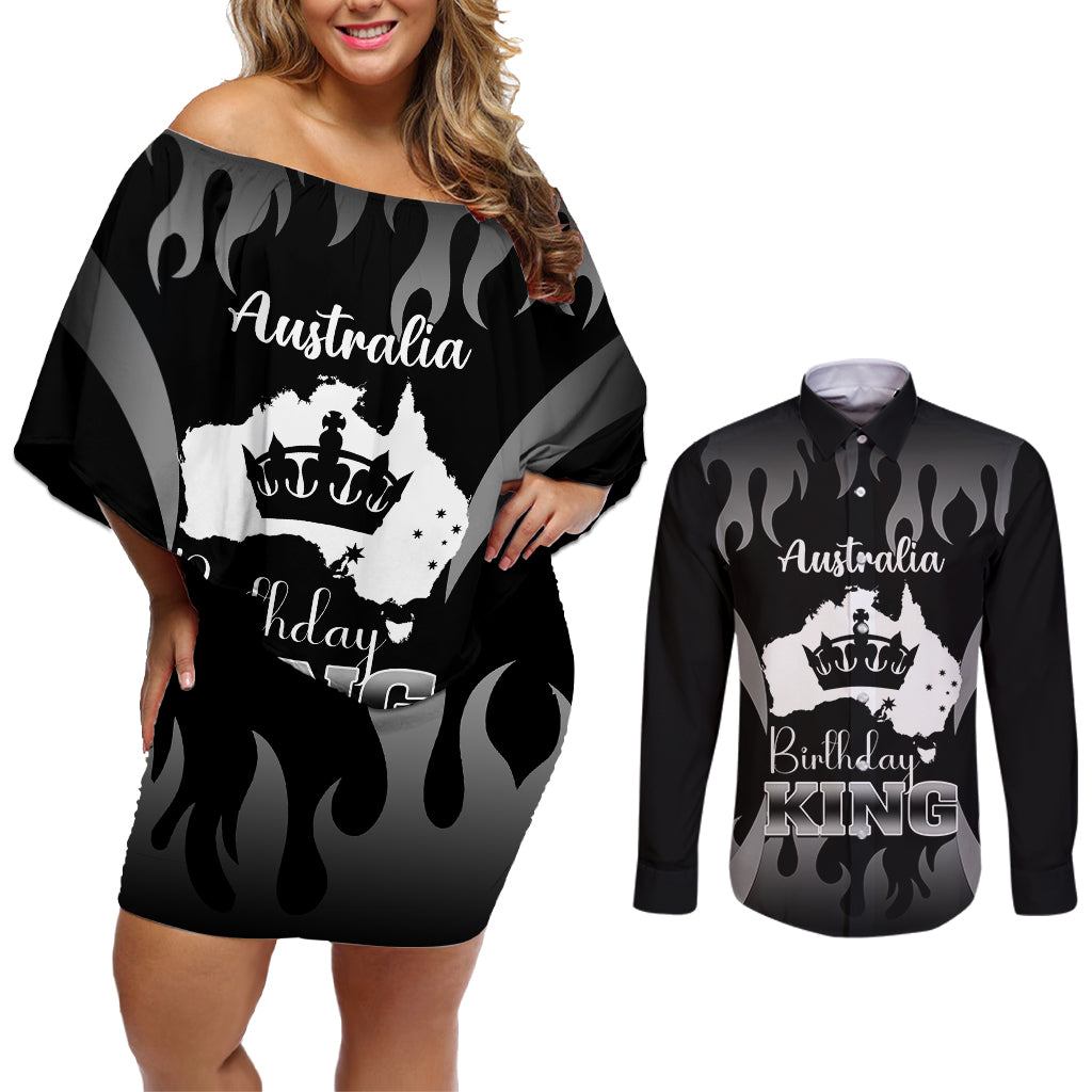 australia-king-birthday-couples-matching-off-shoulder-short-dress-and-long-sleeve-button-shirts-australian-map-with-crown-black-version