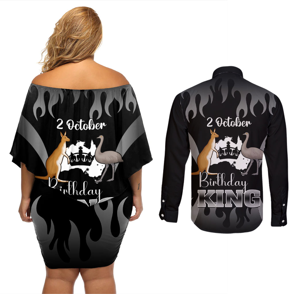 australia-king-birthday-couples-matching-off-shoulder-short-dress-and-long-sleeve-button-shirts-australian-map-with-crown-black-version