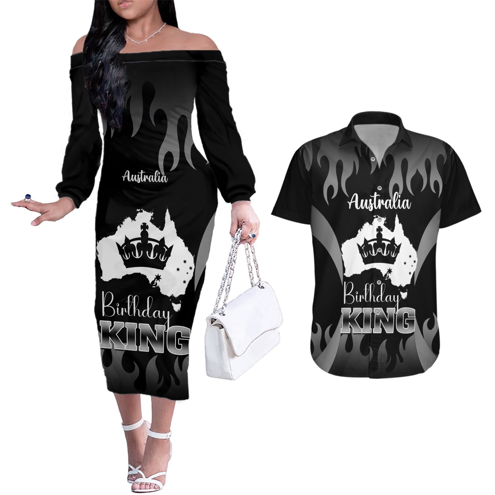 australia-king-birthday-couples-matching-off-the-shoulder-long-sleeve-dress-and-hawaiian-shirt-australian-map-with-crown-black-version