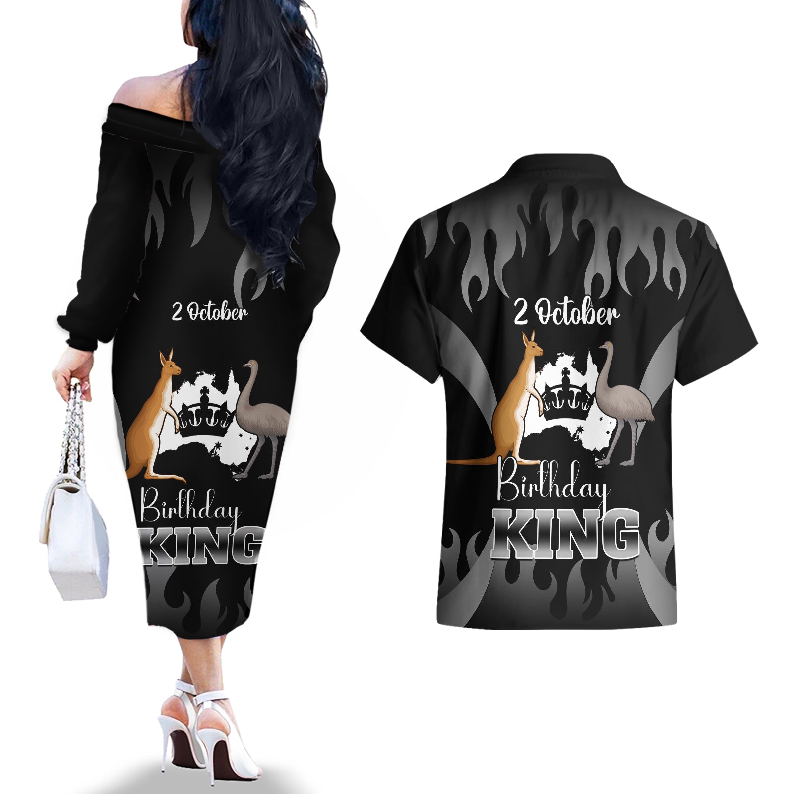 australia-king-birthday-couples-matching-off-the-shoulder-long-sleeve-dress-and-hawaiian-shirt-australian-map-with-crown-black-version