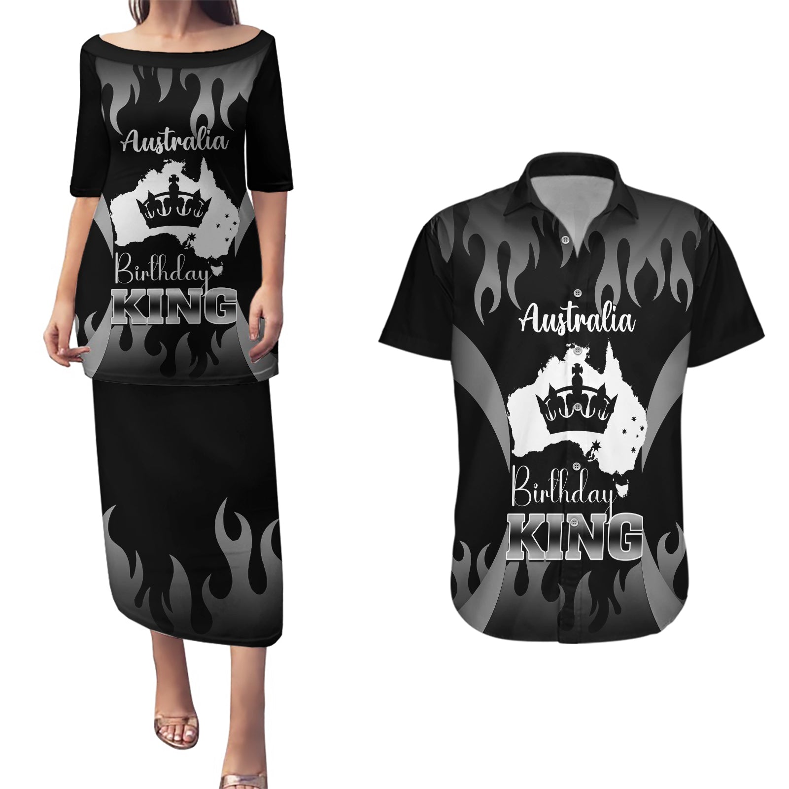 australia-king-birthday-couples-matching-puletasi-dress-and-hawaiian-shirt-australian-map-with-crown-black-version