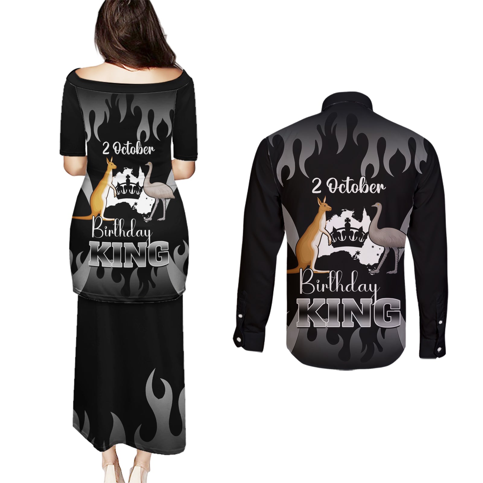 australia-king-birthday-couples-matching-puletasi-dress-and-long-sleeve-button-shirts-australian-map-with-crown-black-version