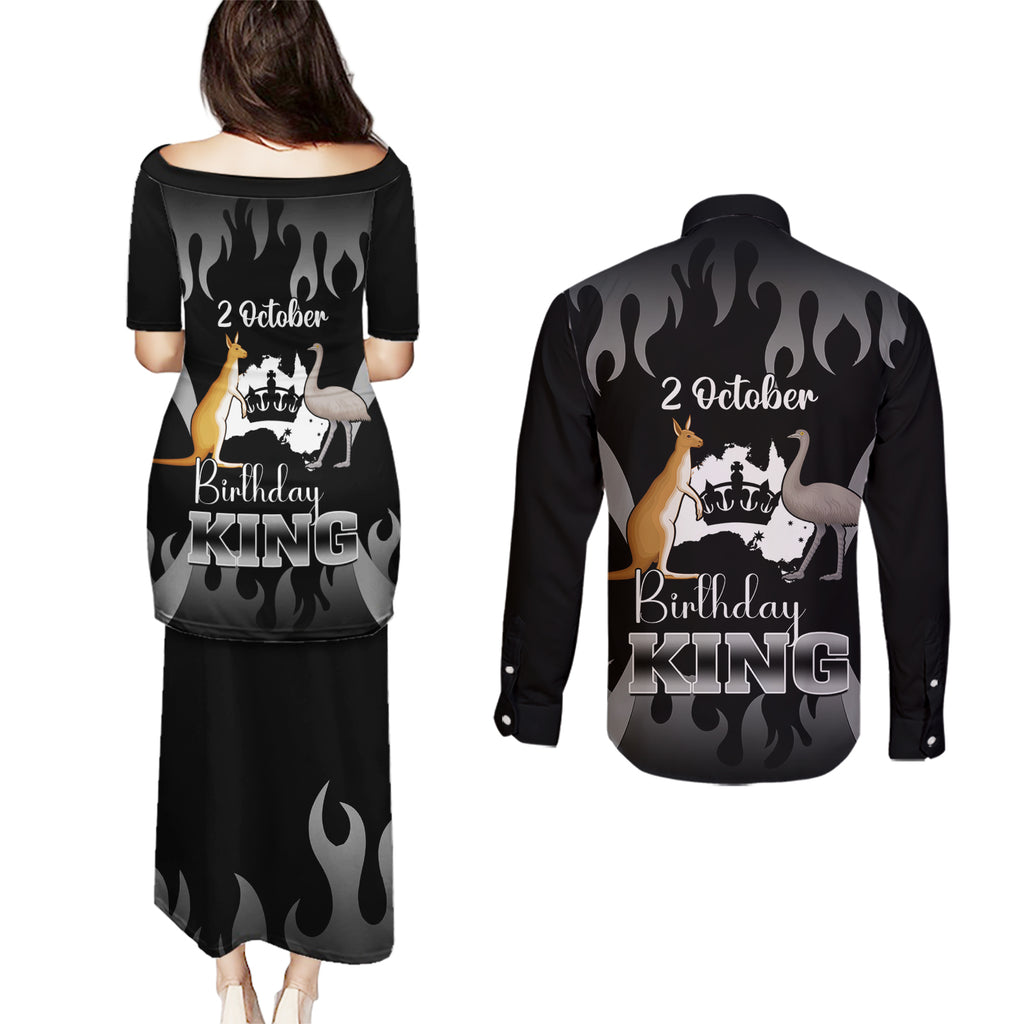 australia-king-birthday-couples-matching-puletasi-dress-and-long-sleeve-button-shirts-australian-map-with-crown-black-version