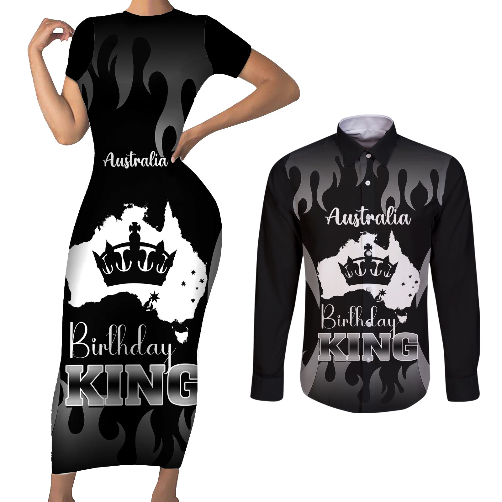 australia-king-birthday-couples-matching-short-sleeve-bodycon-dress-and-long-sleeve-button-shirts-australian-map-with-crown-black-version
