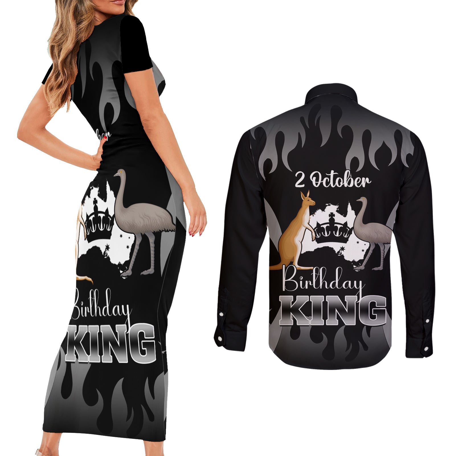 australia-king-birthday-couples-matching-short-sleeve-bodycon-dress-and-long-sleeve-button-shirts-australian-map-with-crown-black-version