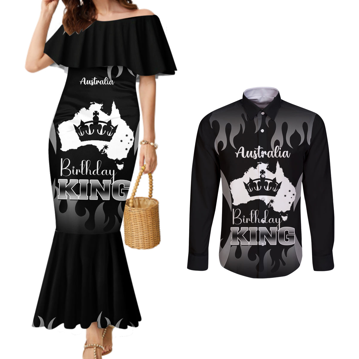 personalised-australia-king-birthday-couples-matching-mermaid-dress-and-long-sleeve-button-shirts-australian-map-with-crown-black-version