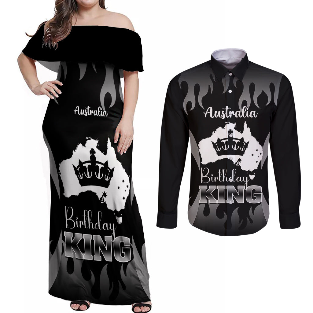 personalised-australia-king-birthday-couples-matching-off-shoulder-maxi-dress-and-long-sleeve-button-shirts-australian-map-with-crown-black-version