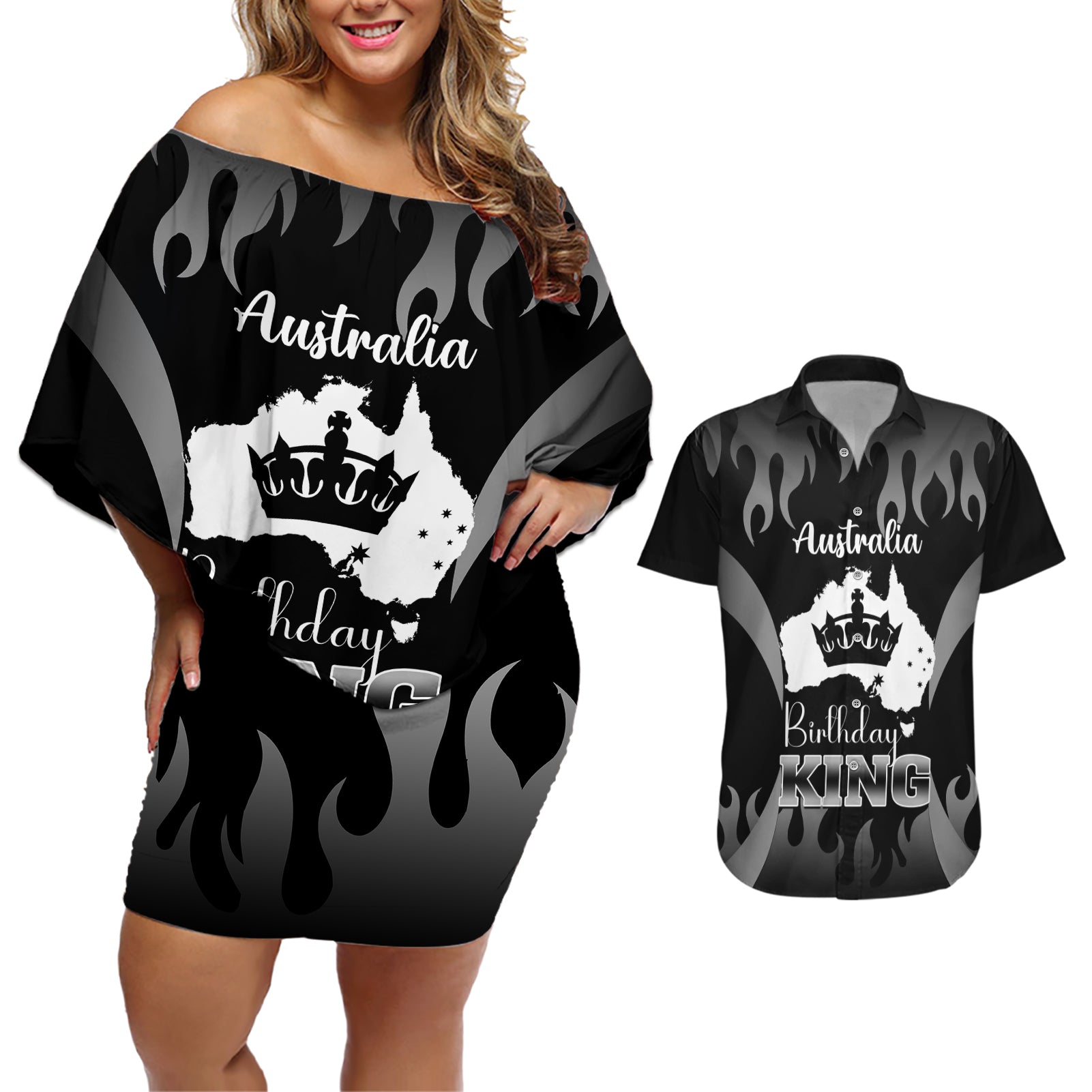 personalised-australia-king-birthday-couples-matching-off-shoulder-short-dress-and-hawaiian-shirt-australian-map-with-crown-black-version
