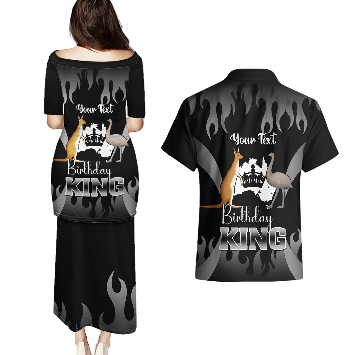 personalised-australia-king-birthday-couples-matching-puletasi-dress-and-hawaiian-shirt-australian-map-with-crown-black-version