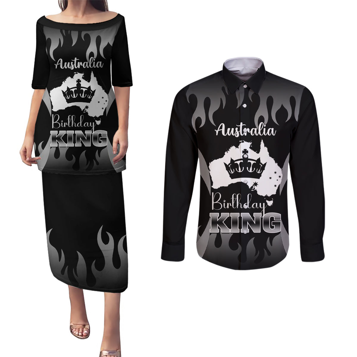 personalised-australia-king-birthday-couples-matching-puletasi-dress-and-long-sleeve-button-shirts-australian-map-with-crown-black-version