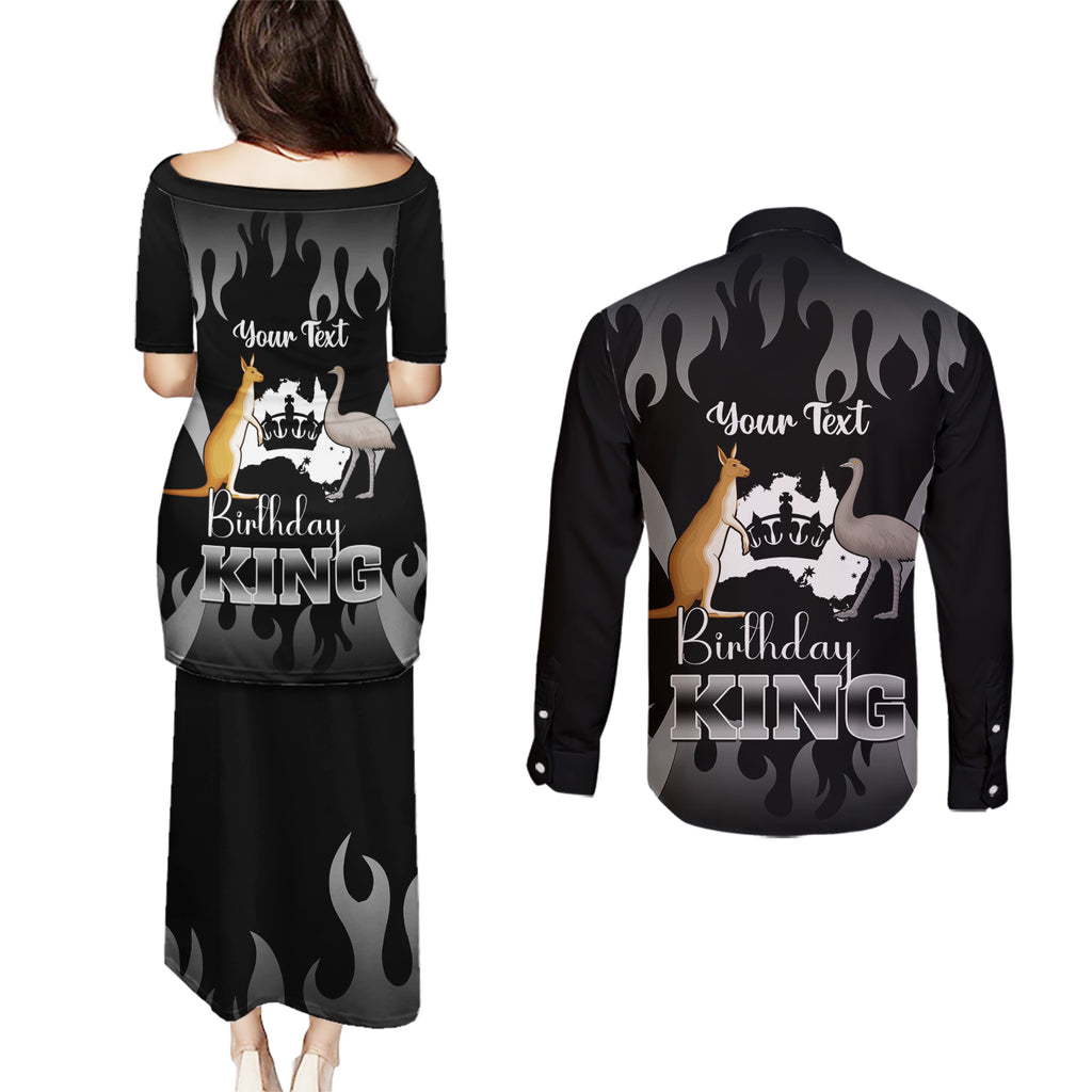 personalised-australia-king-birthday-couples-matching-puletasi-dress-and-long-sleeve-button-shirts-australian-map-with-crown-black-version