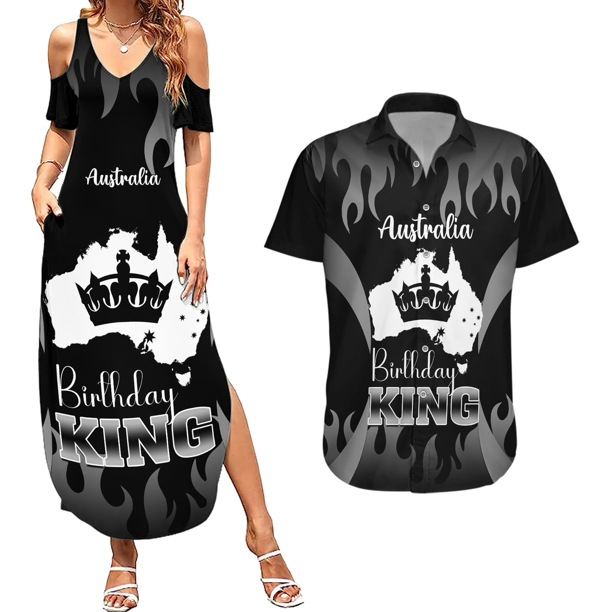 personalised-australia-king-birthday-couples-matching-summer-maxi-dress-and-hawaiian-shirt-australian-map-with-crown-black-version