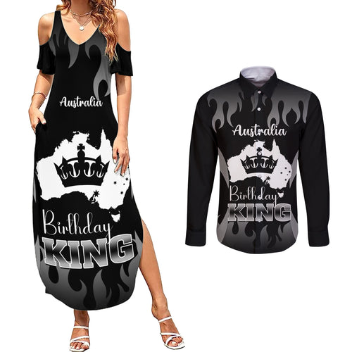 personalised-australia-king-birthday-couples-matching-summer-maxi-dress-and-long-sleeve-button-shirts-australian-map-with-crown-black-version