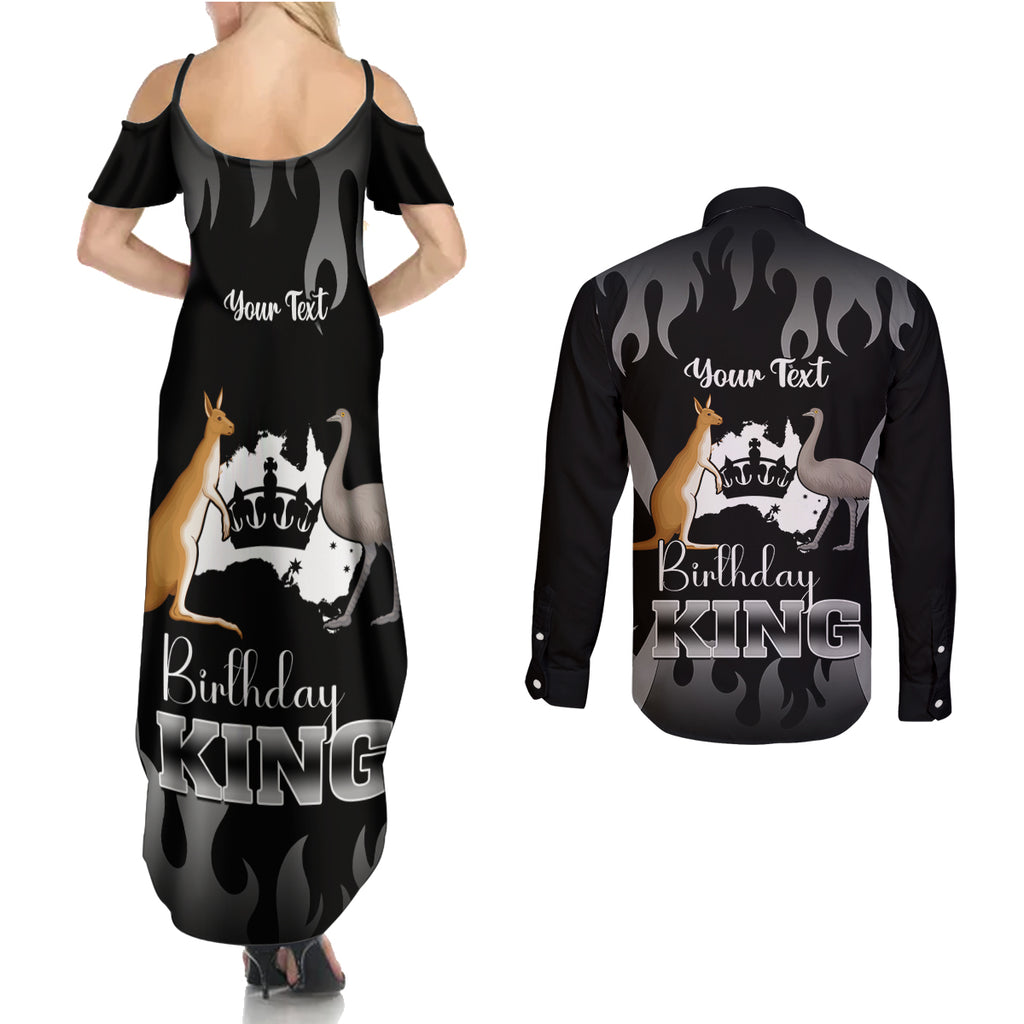 personalised-australia-king-birthday-couples-matching-summer-maxi-dress-and-long-sleeve-button-shirts-australian-map-with-crown-black-version