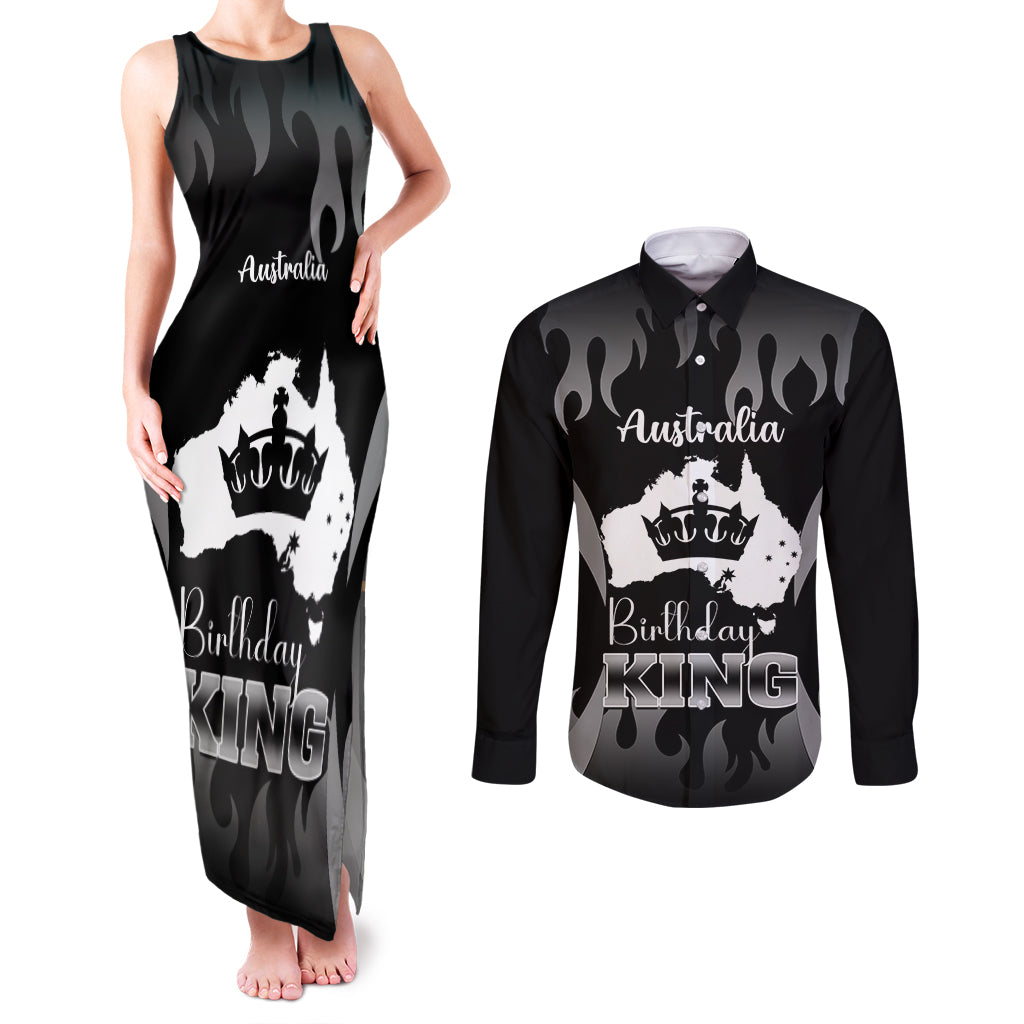 personalised-australia-king-birthday-couples-matching-tank-maxi-dress-and-long-sleeve-button-shirts-australian-map-with-crown-black-version