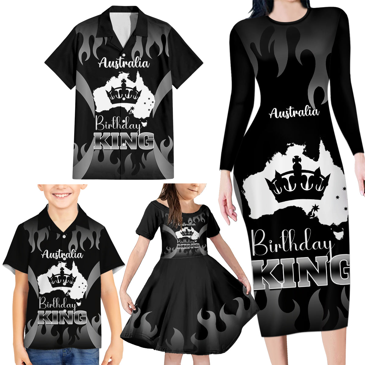personalised-australia-king-birthday-family-matching-long-sleeve-bodycon-dress-and-hawaiian-shirt-australian-map-with-crown-black-version