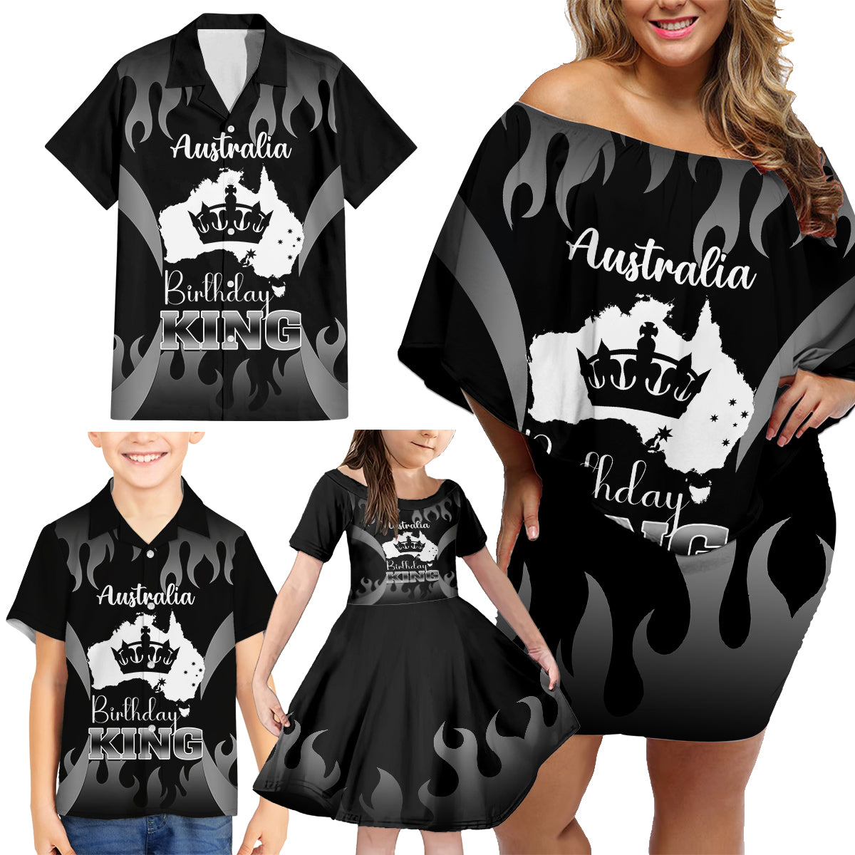 personalised-australia-king-birthday-family-matching-off-shoulder-short-dress-and-hawaiian-shirt-australian-map-with-crown-black-version