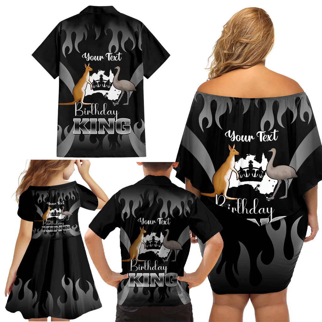 personalised-australia-king-birthday-family-matching-off-shoulder-short-dress-and-hawaiian-shirt-australian-map-with-crown-black-version
