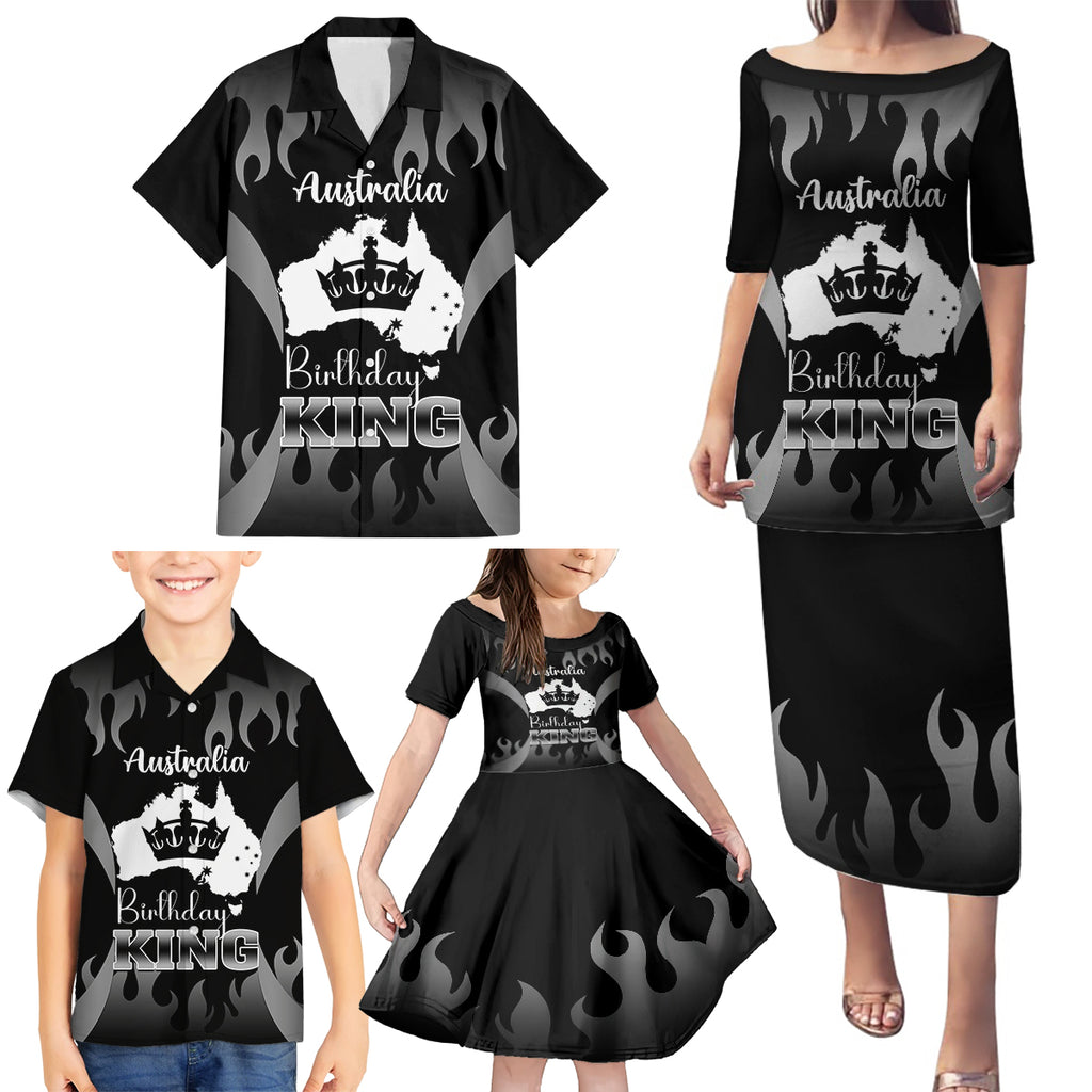 personalised-australia-king-birthday-family-matching-puletasi-dress-and-hawaiian-shirt-australian-map-with-crown-black-version