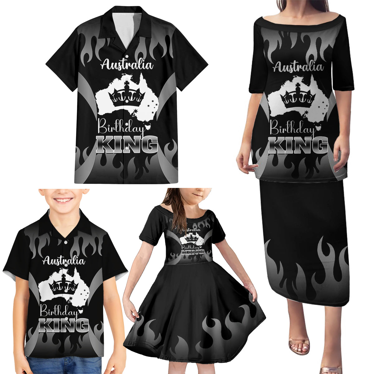 personalised-australia-king-birthday-family-matching-puletasi-dress-and-hawaiian-shirt-australian-map-with-crown-black-version