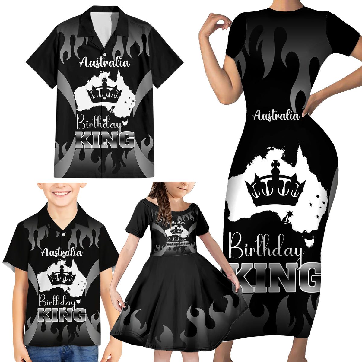personalised-australia-king-birthday-family-matching-short-sleeve-bodycon-dress-and-hawaiian-shirt-australian-map-with-crown-black-version