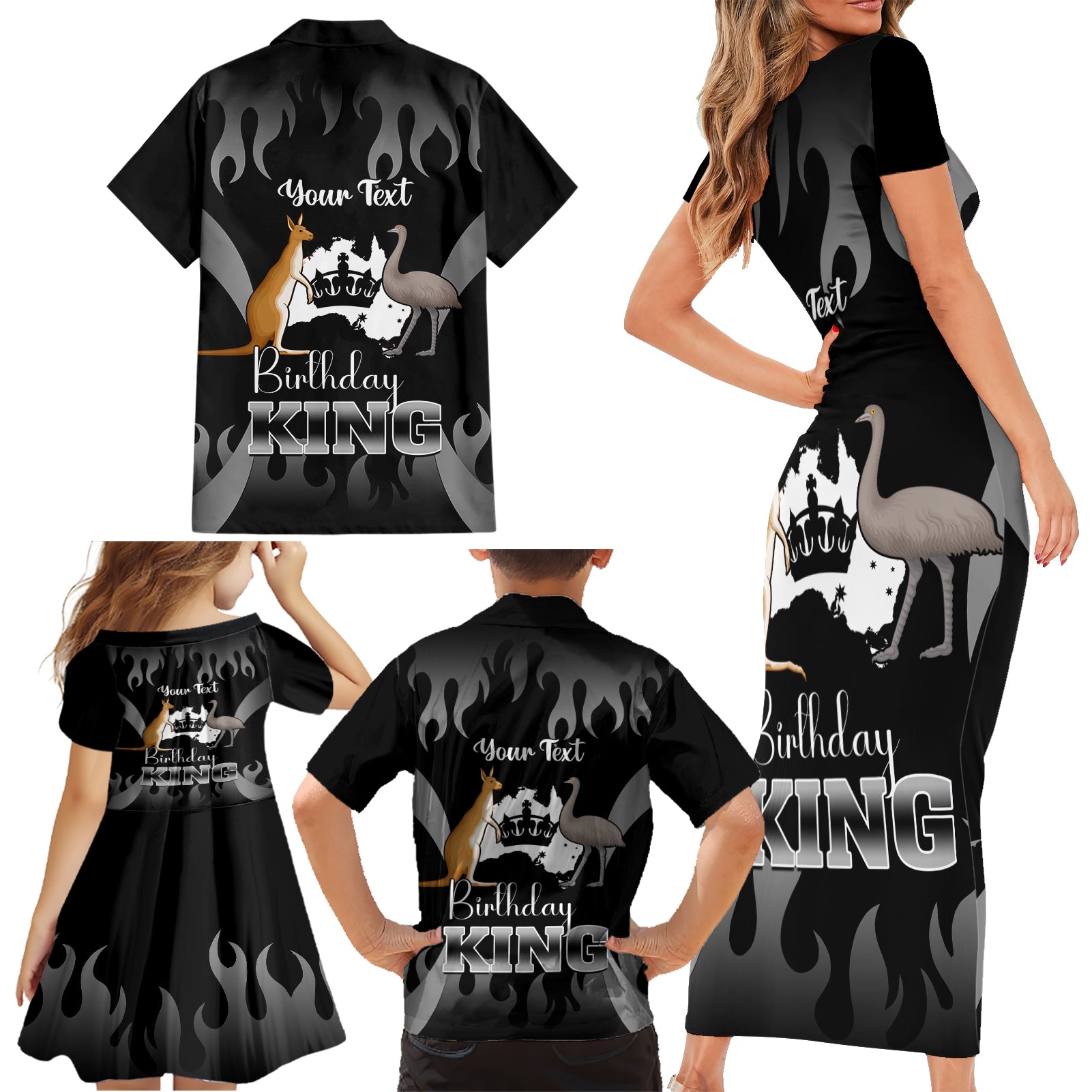 personalised-australia-king-birthday-family-matching-short-sleeve-bodycon-dress-and-hawaiian-shirt-australian-map-with-crown-black-version