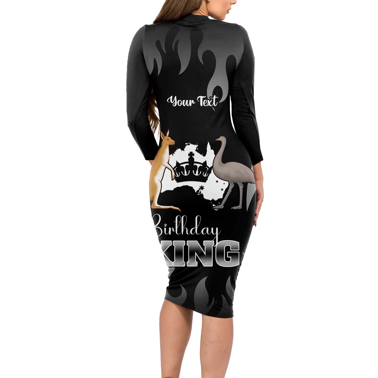 personalised-australia-king-birthday-long-sleeve-bodycon-dress-australian-map-with-crown-black-version