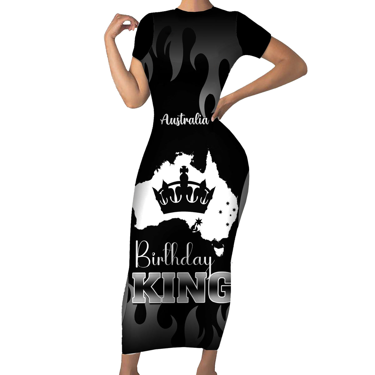 personalised-australia-king-birthday-short-sleeve-bodycon-dress-australian-map-with-crown-black-version