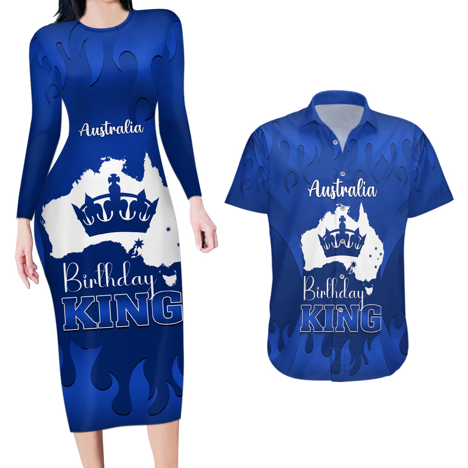 australia-king-birthday-couples-matching-long-sleeve-bodycon-dress-and-hawaiian-shirt-australian-map-with-crown-blue-version