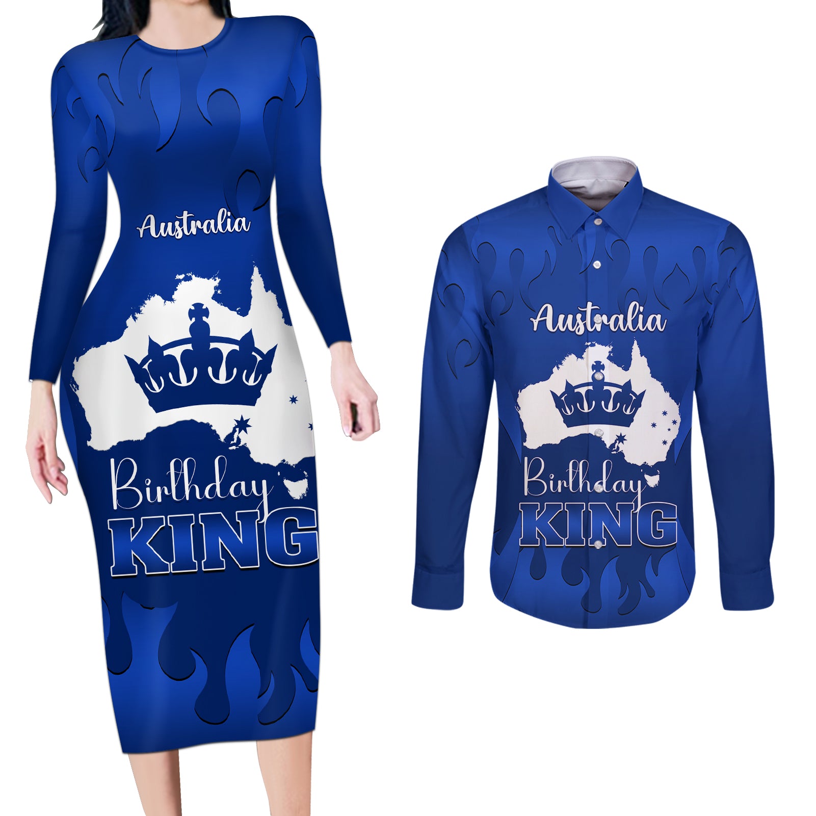 australia-king-birthday-couples-matching-long-sleeve-bodycon-dress-and-long-sleeve-button-shirts-australian-map-with-crown-blue-version