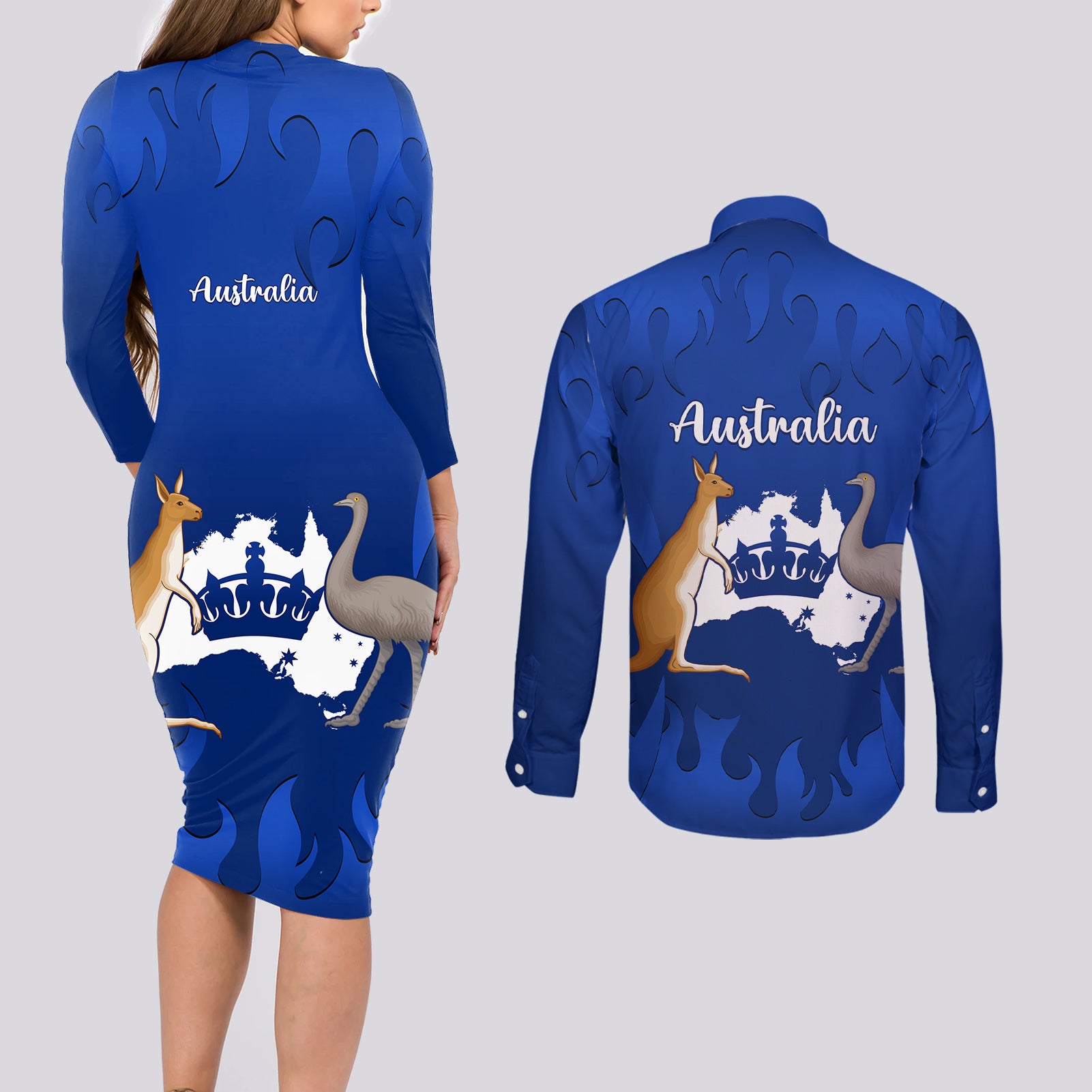 australia-king-birthday-couples-matching-long-sleeve-bodycon-dress-and-long-sleeve-button-shirts-australian-map-with-crown-blue-version