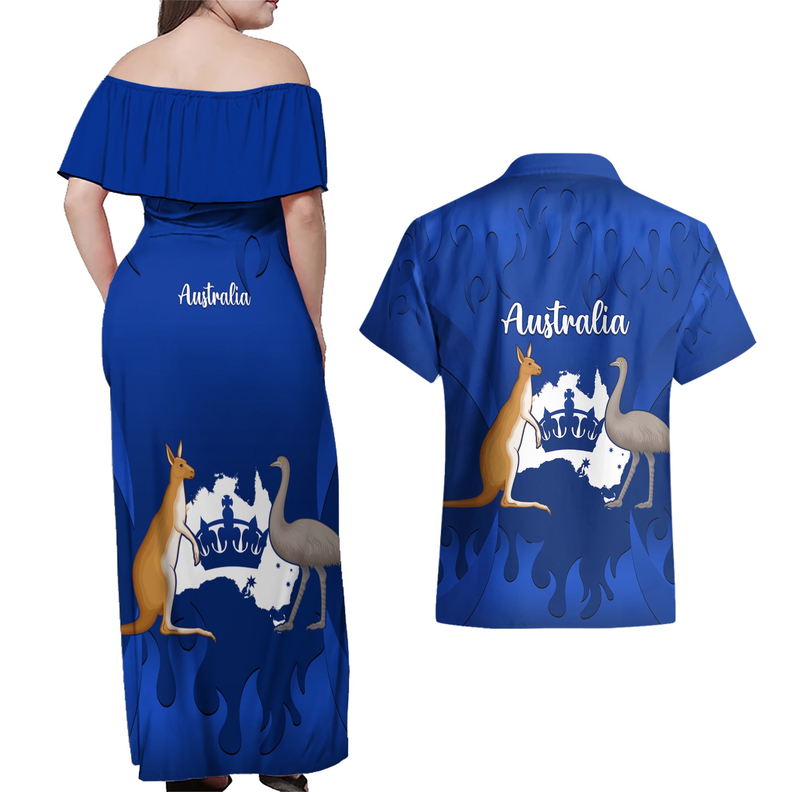australia-king-birthday-couples-matching-off-shoulder-maxi-dress-and-hawaiian-shirt-australian-map-with-crown-blue-version