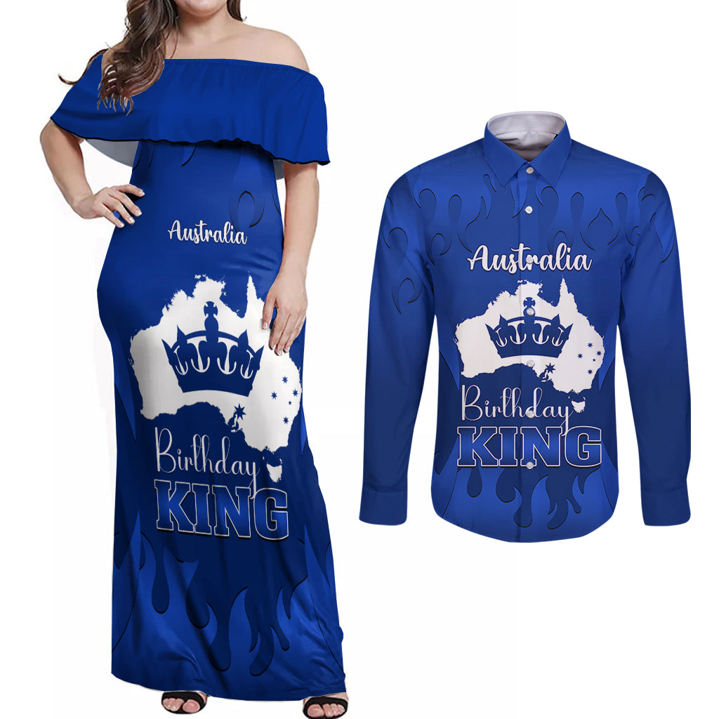 australia-king-birthday-couples-matching-off-shoulder-maxi-dress-and-long-sleeve-button-shirts-australian-map-with-crown-blue-version