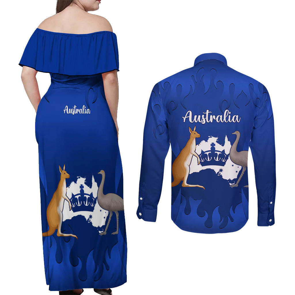 australia-king-birthday-couples-matching-off-shoulder-maxi-dress-and-long-sleeve-button-shirts-australian-map-with-crown-blue-version