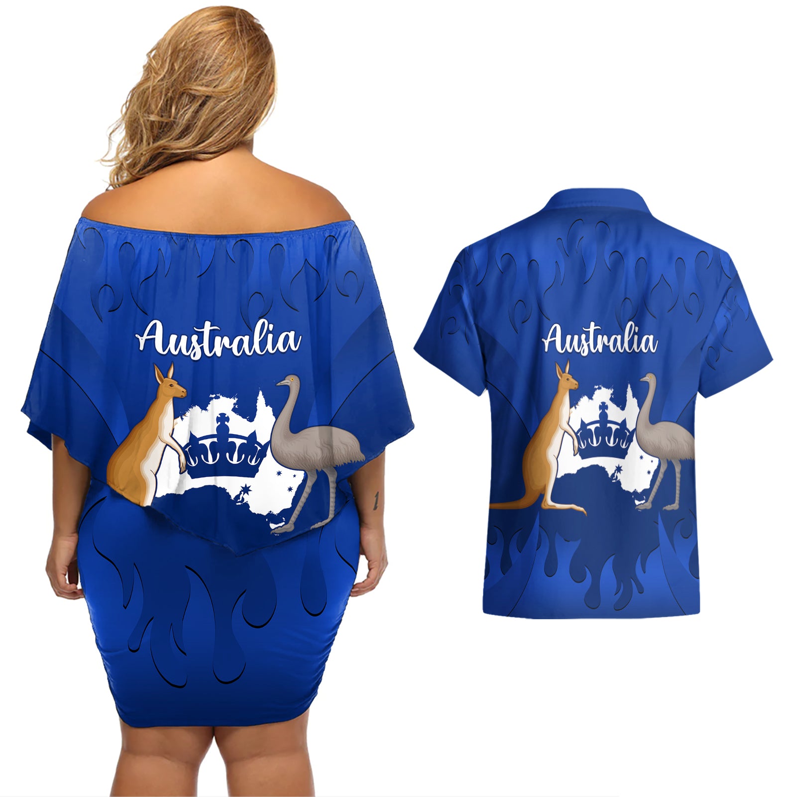 australia-king-birthday-couples-matching-off-shoulder-short-dress-and-hawaiian-shirt-australian-map-with-crown-blue-version