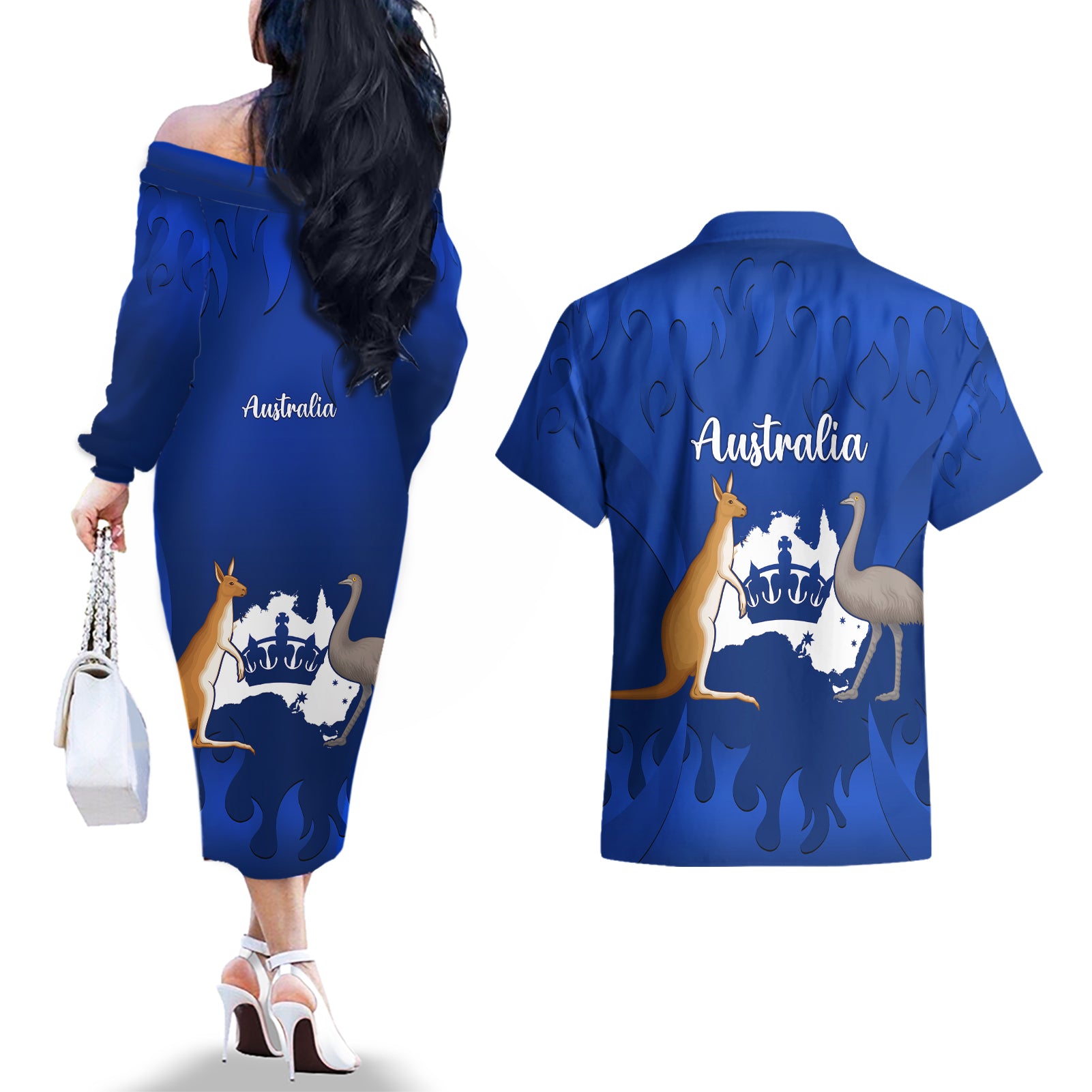 australia-king-birthday-couples-matching-off-the-shoulder-long-sleeve-dress-and-hawaiian-shirt-australian-map-with-crown-blue-version