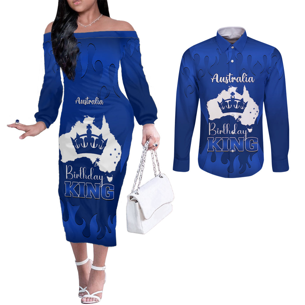 australia-king-birthday-couples-matching-off-the-shoulder-long-sleeve-dress-and-long-sleeve-button-shirts-australian-map-with-crown-blue-version