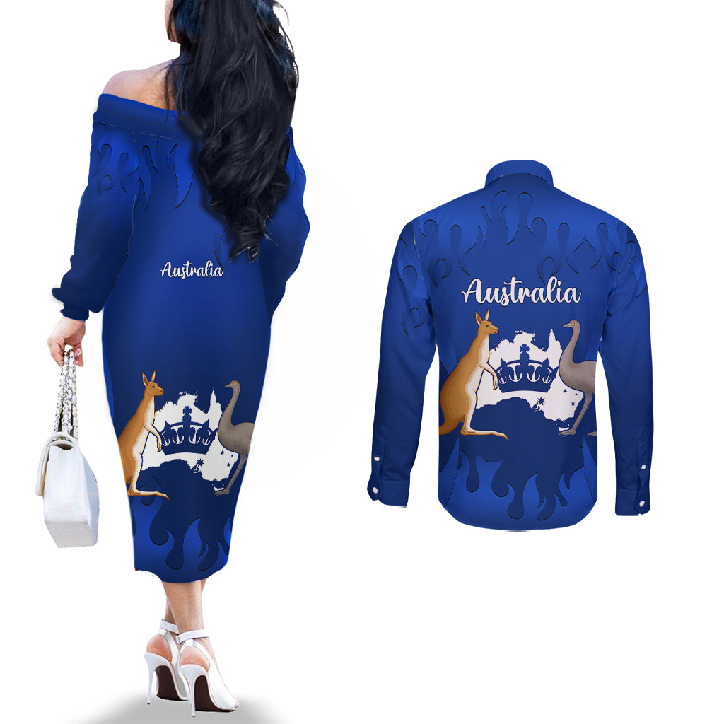 australia-king-birthday-couples-matching-off-the-shoulder-long-sleeve-dress-and-long-sleeve-button-shirts-australian-map-with-crown-blue-version