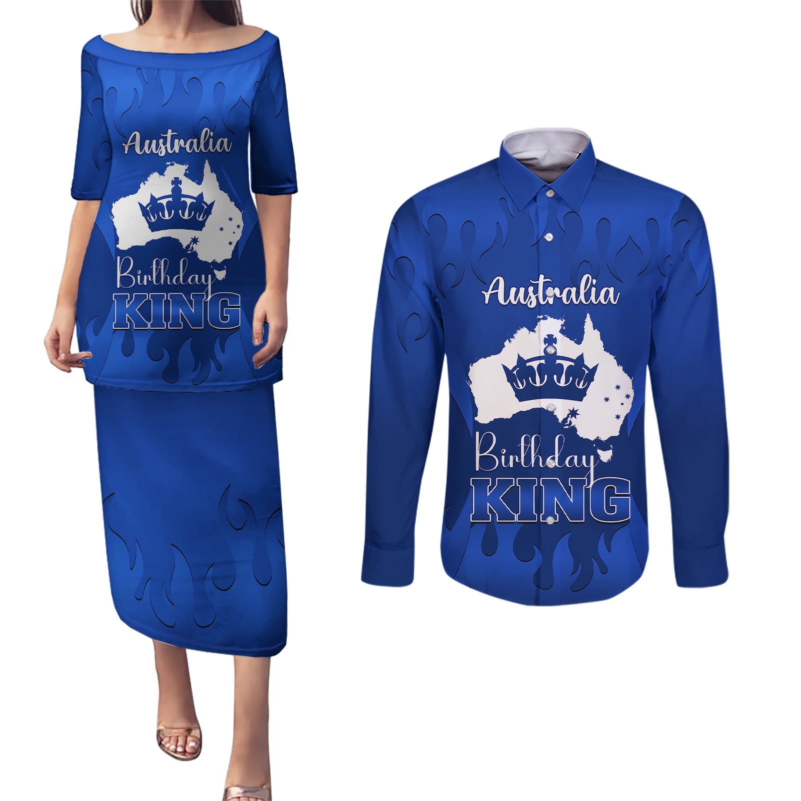 australia-king-birthday-couples-matching-puletasi-dress-and-long-sleeve-button-shirts-australian-map-with-crown-blue-version