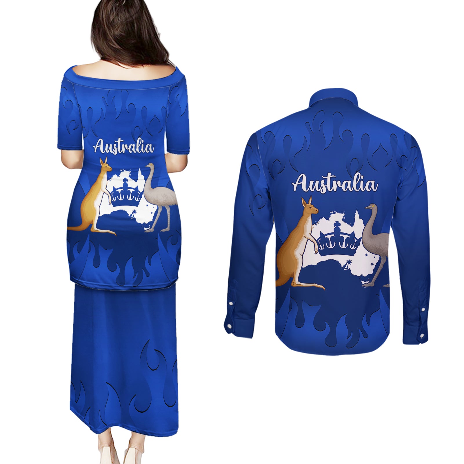 australia-king-birthday-couples-matching-puletasi-dress-and-long-sleeve-button-shirts-australian-map-with-crown-blue-version