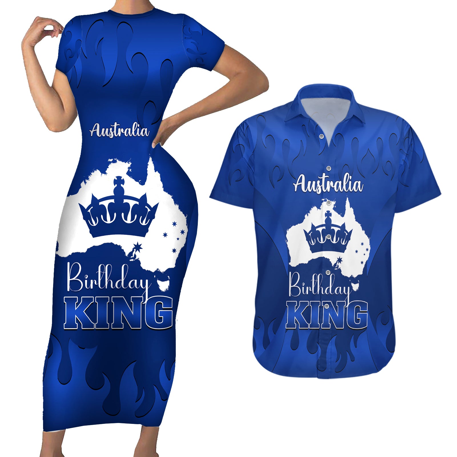australia-king-birthday-couples-matching-short-sleeve-bodycon-dress-and-hawaiian-shirt-australian-map-with-crown-blue-version