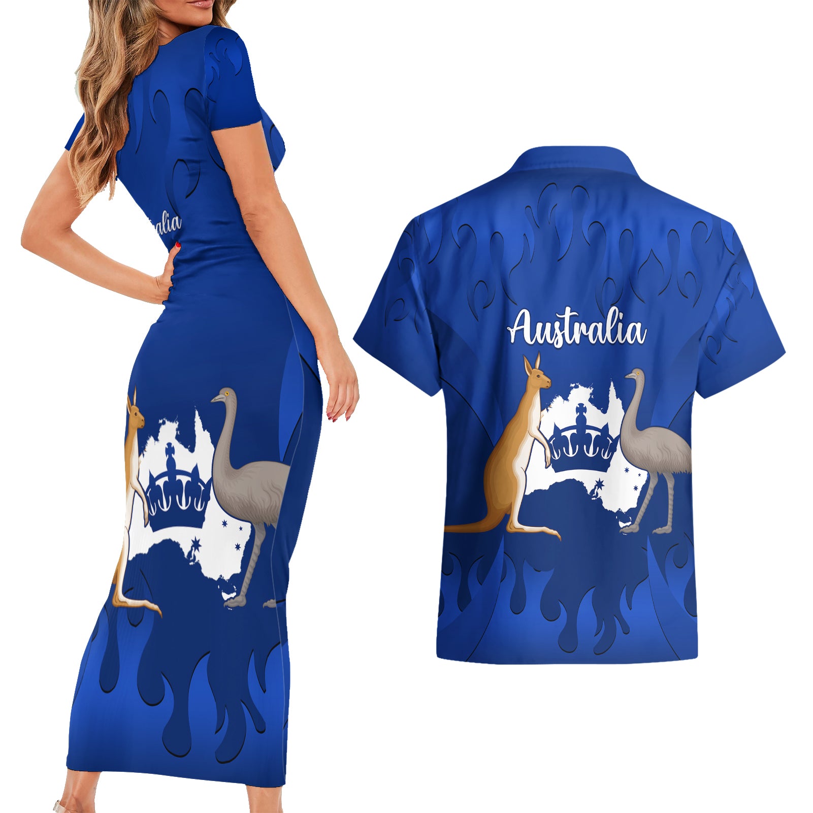 australia-king-birthday-couples-matching-short-sleeve-bodycon-dress-and-hawaiian-shirt-australian-map-with-crown-blue-version