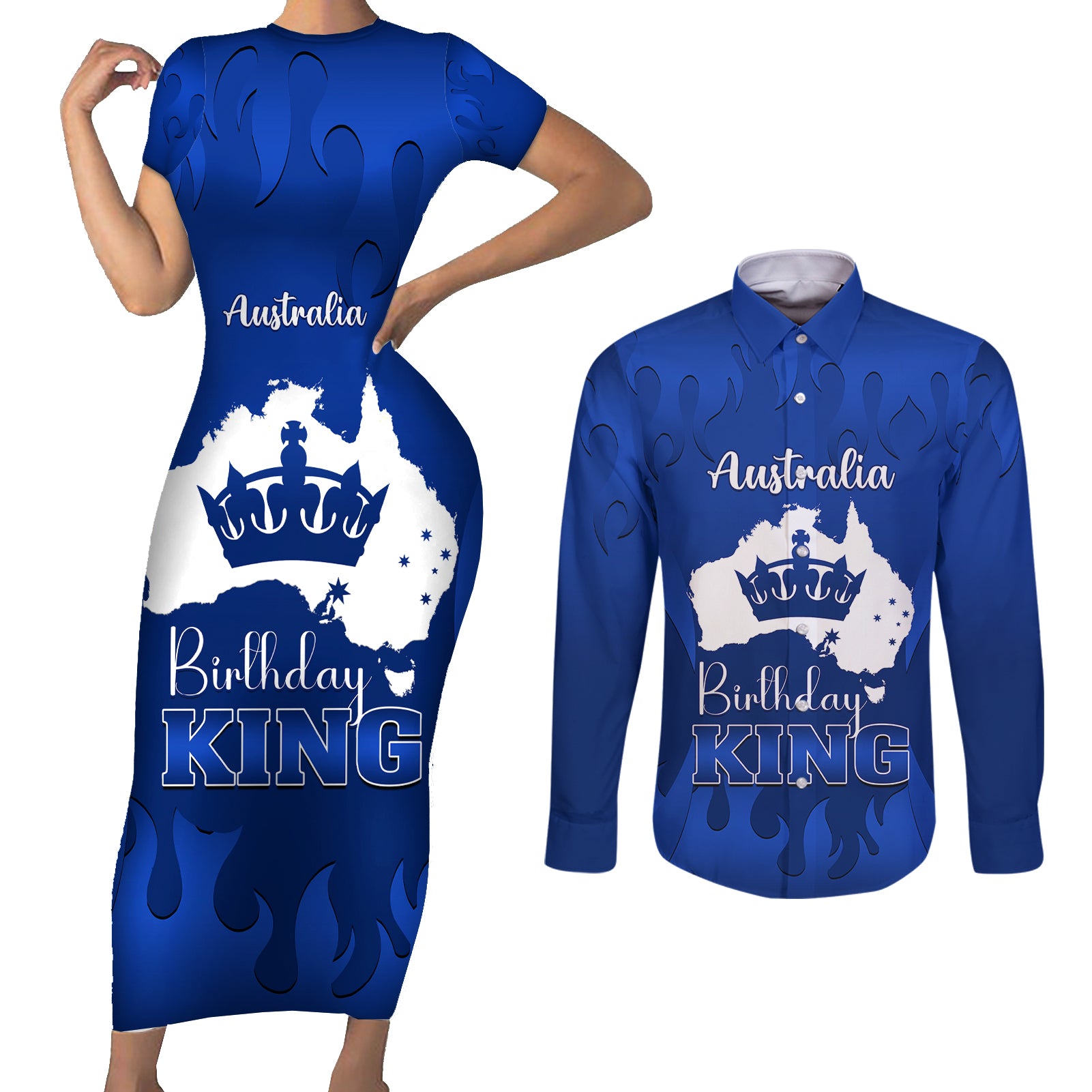 australia-king-birthday-couples-matching-short-sleeve-bodycon-dress-and-long-sleeve-button-shirts-australian-map-with-crown-blue-version