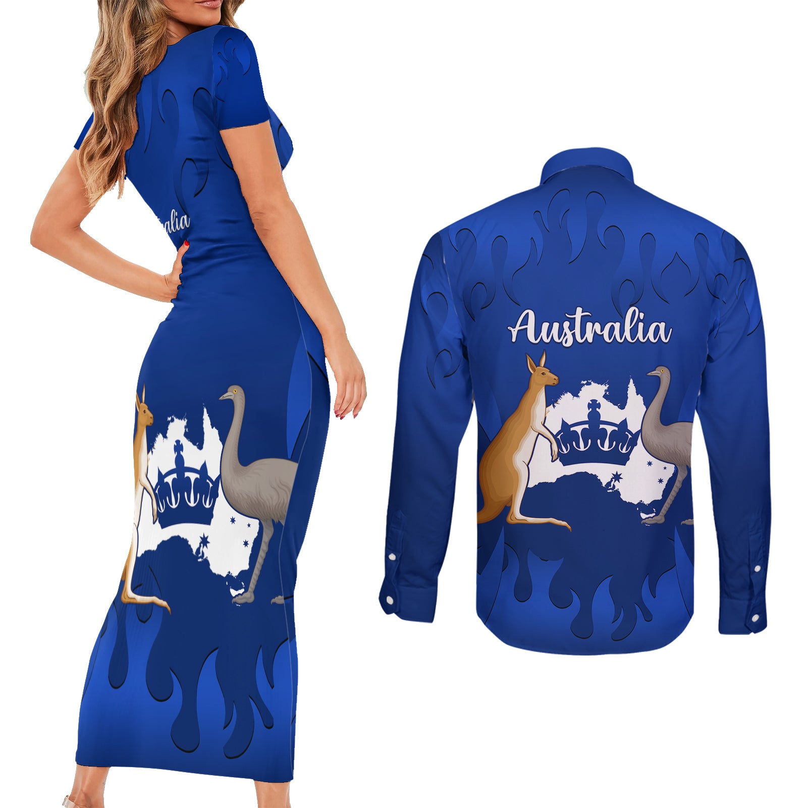 australia-king-birthday-couples-matching-short-sleeve-bodycon-dress-and-long-sleeve-button-shirts-australian-map-with-crown-blue-version