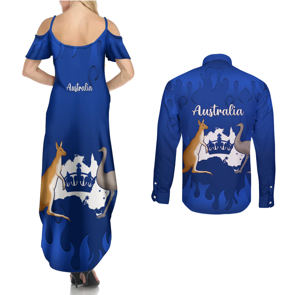 australia-king-birthday-couples-matching-summer-maxi-dress-and-long-sleeve-button-shirts-australian-map-with-crown-blue-version