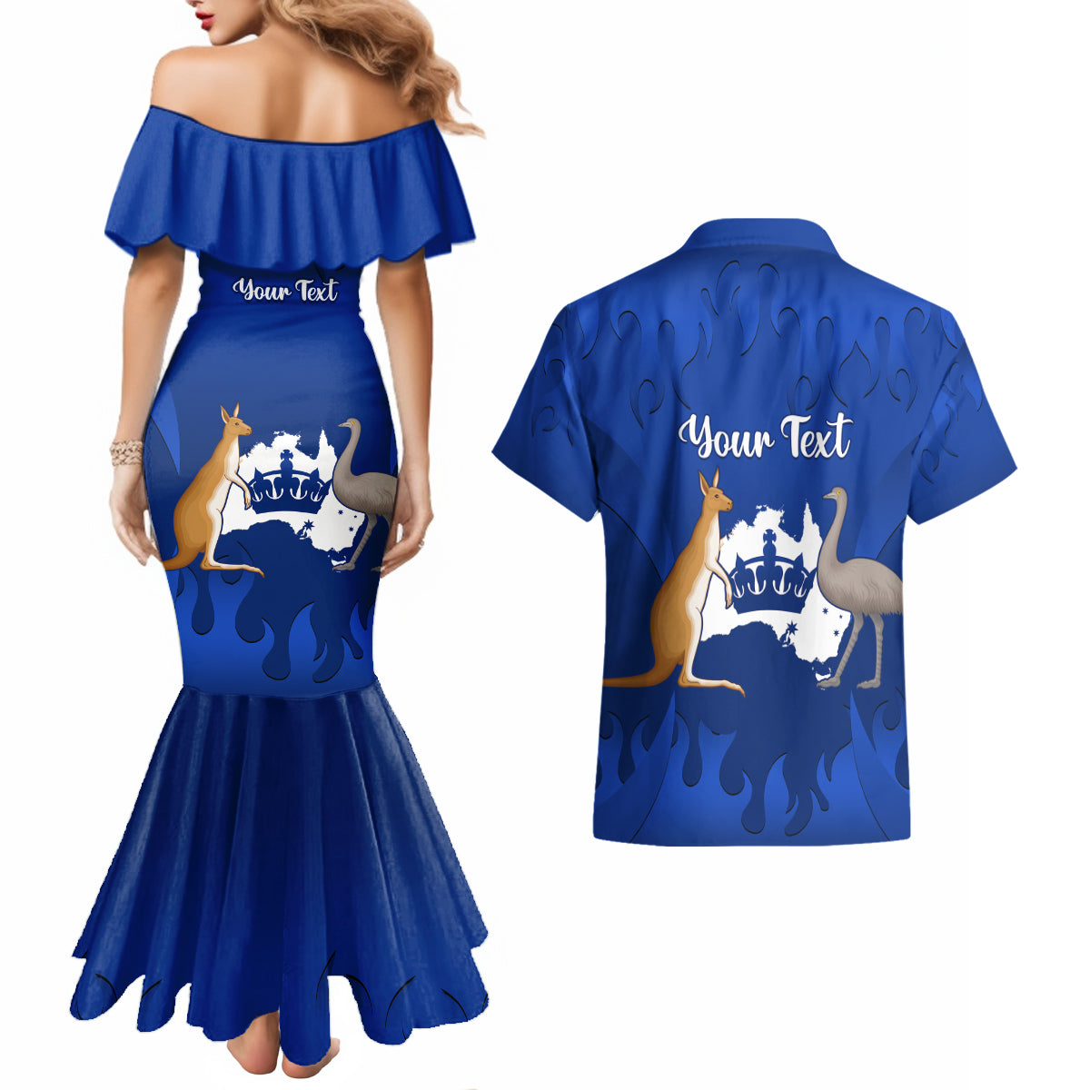 personalised-australia-king-birthday-couples-matching-mermaid-dress-and-hawaiian-shirt-australian-map-with-crown-blue-version